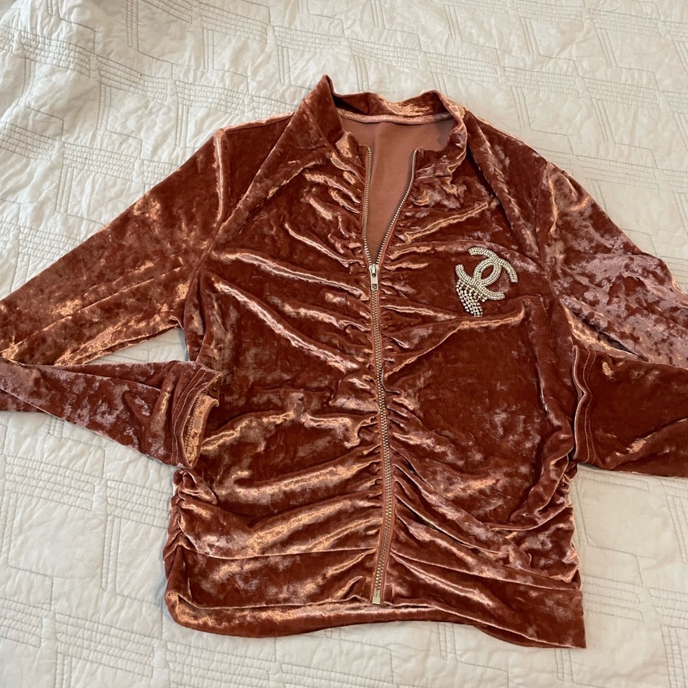 Velvet Zip-Front Jacket with Crystal CC Logo - unbranded - Picture 1 of 5